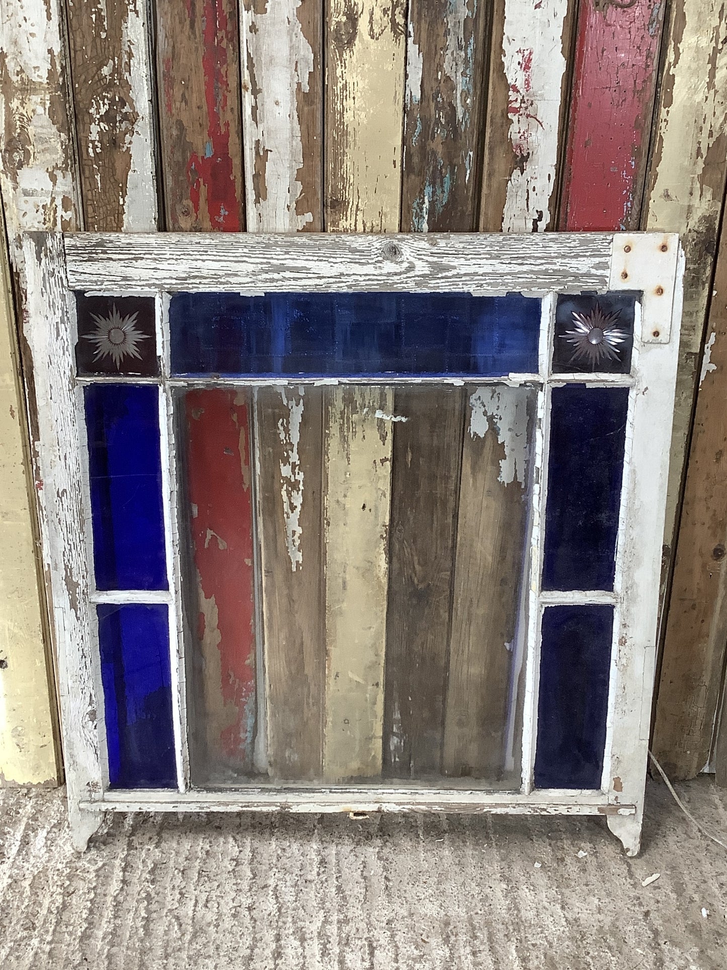 Reclaimed Victorian Pine Sash Window Red Starburst & Old Blue Glass Panes