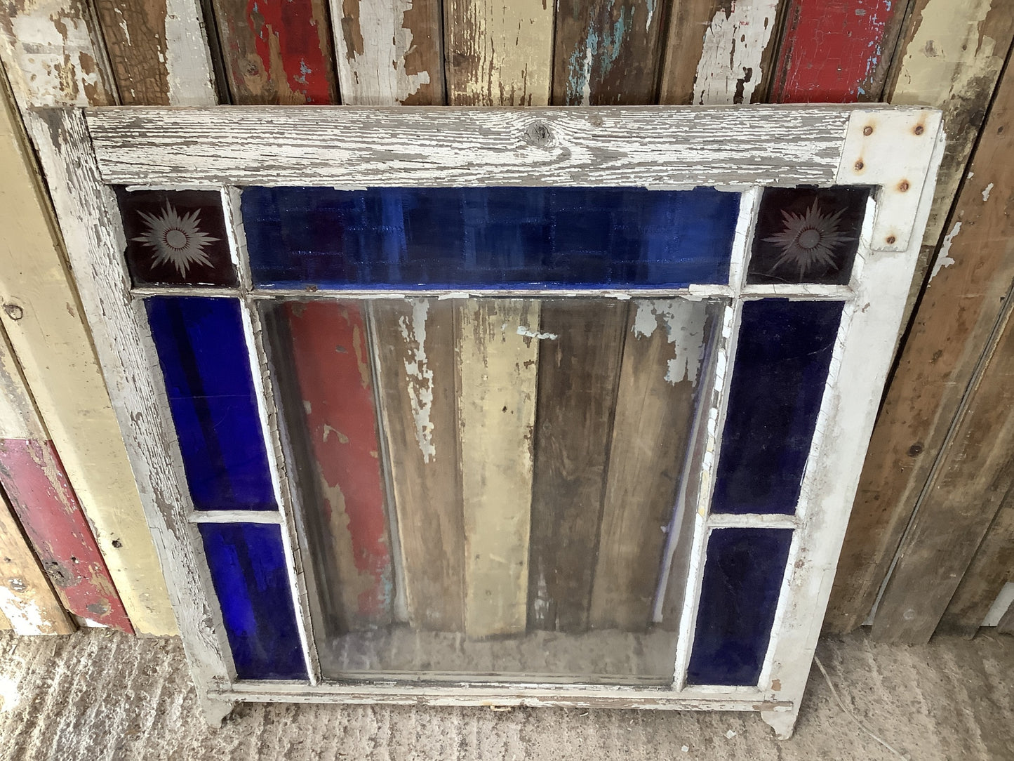 Reclaimed Victorian Pine Sash Window Red Starburst & Old Blue Glass Panes