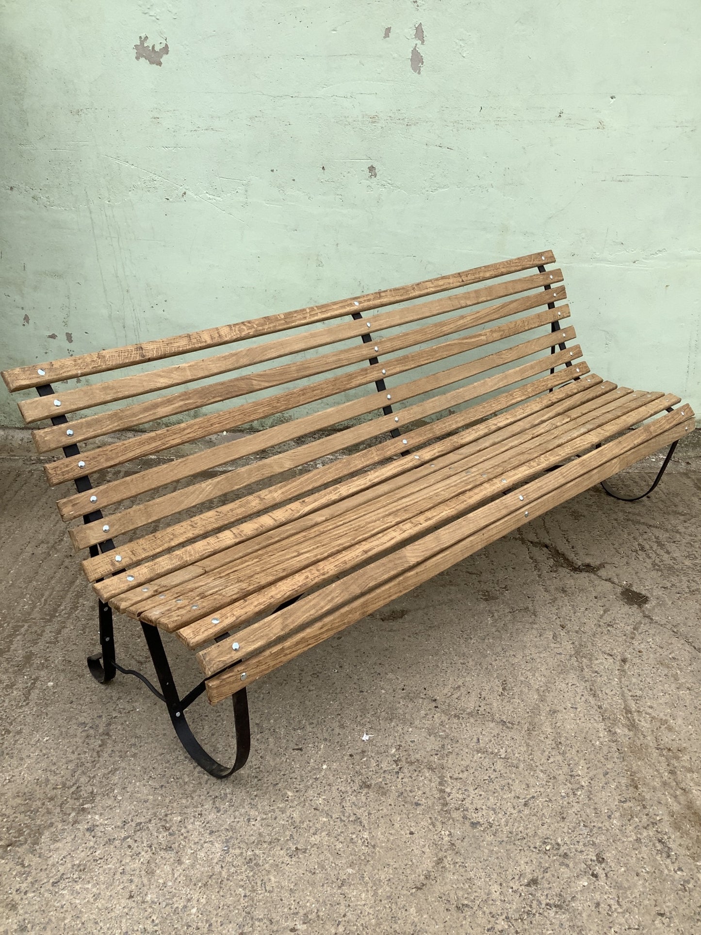 7'11" Long Large Refurbished Victorian Oak & Wrought Iron Garden 4 Seater Bench