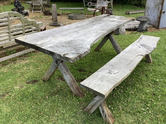 7'4" Long Old Solid Oak Garden Cross legged Table & Backless Bench