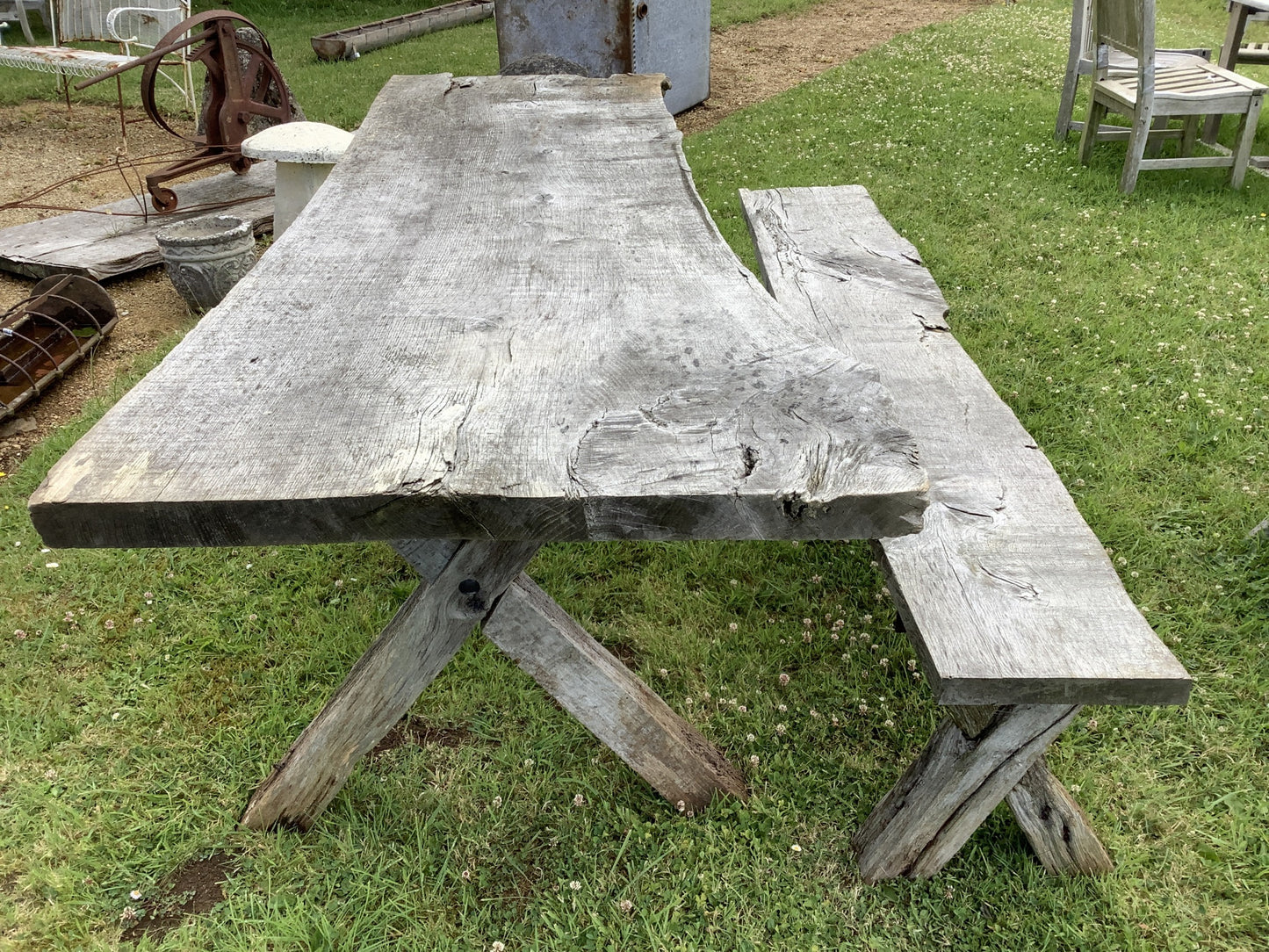 7'4" Long Old Solid Oak Garden Cross legged Table & Backless Bench