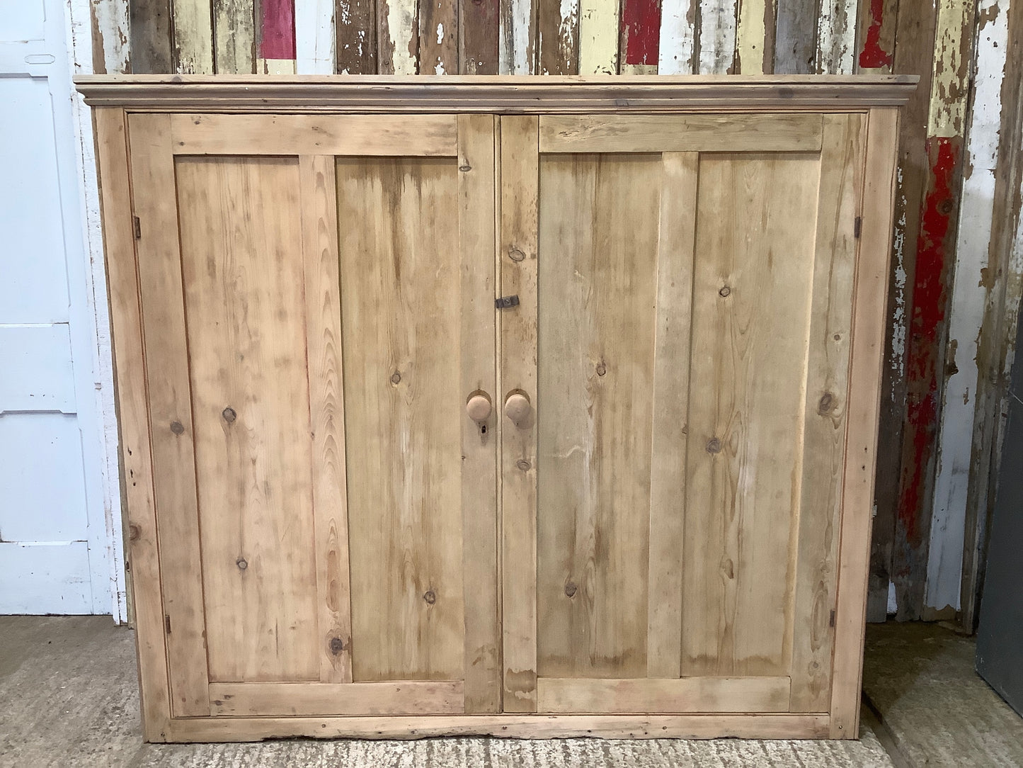 Large Victorian Stripped Pine & Elm Storage Cupboard Wooden 4'11"H 5'8" W