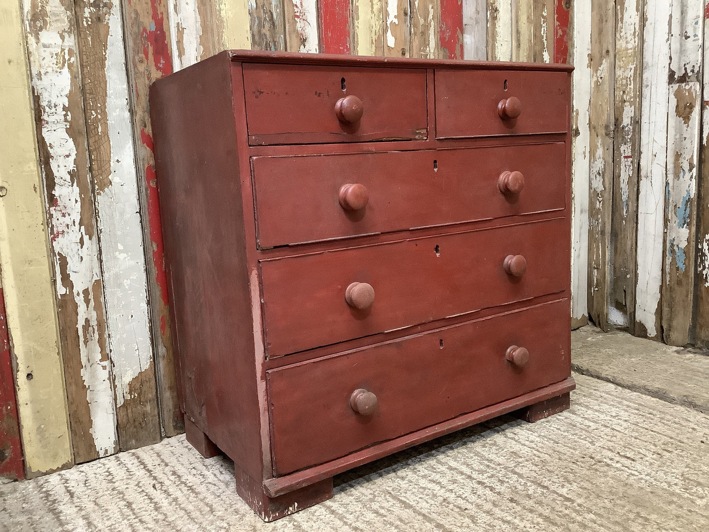 Rustic Victorian Red Pine & Mahogany 2 Over 3 Chest of Drawers 5 Drawers Wooden 3'1"H 3'1" W